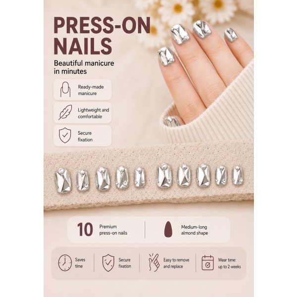 Silver Metallic Mirror Rhinestone Press‑On Nails, Luxury Medium‑Long Almond False Nails